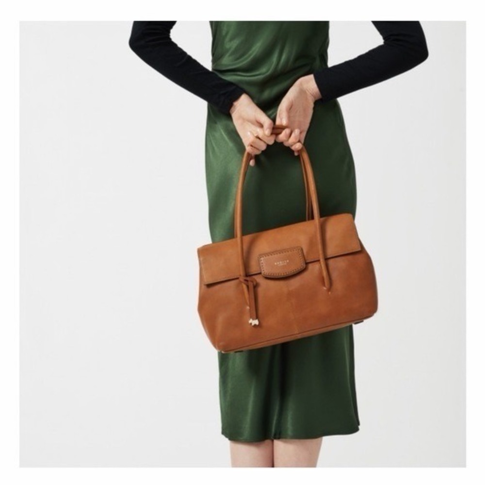 Radley London Cognac Brown Leather Satchel Handbag Gold Scottie Dog Charm